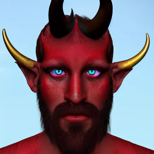 Prompt: dnd render of a male tiefling, red scales, a big black beard, completely golden eyes, 1 curved horn growing out of his forehead, one broken horn growing out of his forehead,