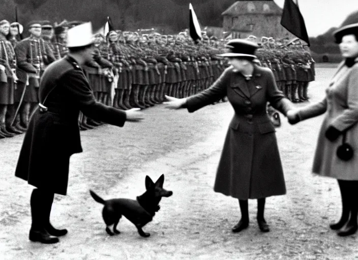 Prompt: ultra wide 1 9 4 6 blurry historical far away photo a single german general shaking hands with a young queen elizabeth in a french village, her corgis are nearby highly detailed, sharp focus