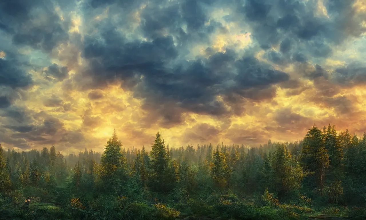 Prompt: a magical forested landscape accented by low clouds and a deep vibrant sunset, intricate detail, cg painting, cgi, matte, vibrant colors