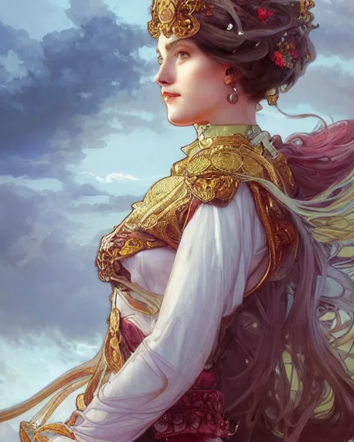 Image similar to a beautiful close up portrait of a female white knight sitting with elegant looks, flowing cape, ornate and flowing, intricate and soft by ruan jia, tom bagshaw, alphonse mucha, krenz cushart, beautiful roman architectural ruins in the background, epic sky, vray render, artstation, deviantart, pinterest, 5 0 0 px models