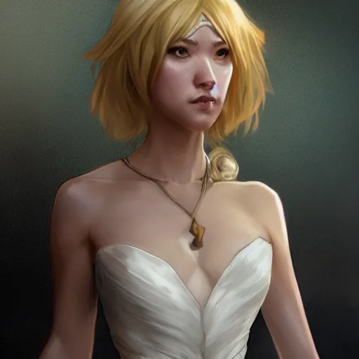 Prompt: cassandra cain in a wedding dress,, messy blonde hair, cg animation, riot entertainment, arcane, realistic, character select portrait, by artgerm, greg rutkowski, alphonse mucha, 3 d