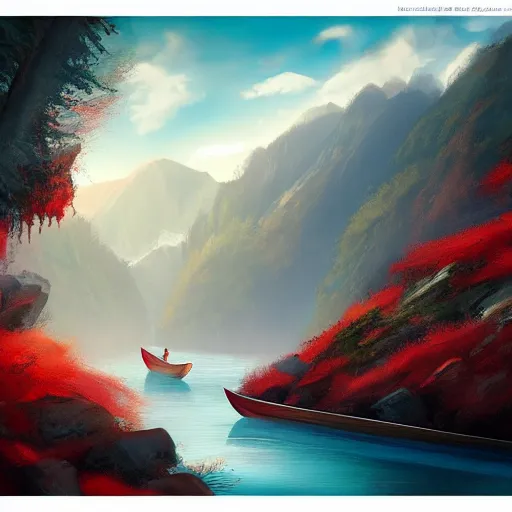 Image similar to a river of blood falls from the top of the fatal mountain, the elves sail along it in canoes, vivid color, highly detailed, mistic, digital painting, artstation, concept art, matte, sharp focus