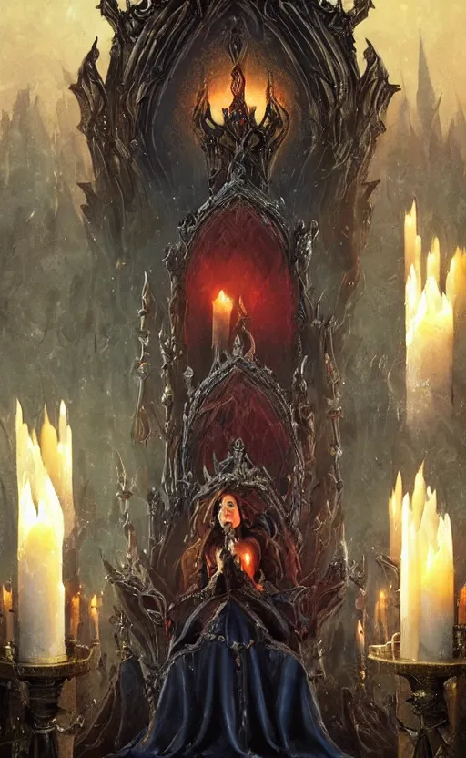 Prompt: An evil queen sits on her throne, candles light the darkened room, goblins surround the throne worshipping her, fantasy, highly detailed, digital painting, artstation, concept art, illustration, art by Greg Rutkowski and Marc Simonetti