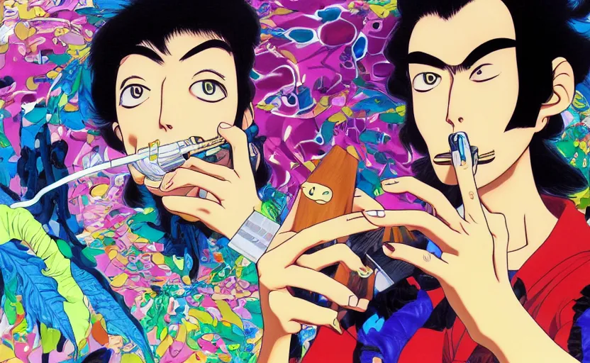 Image similar to a monkey smoking weed in cyberspace, digital painting masterpiece, painted by joji morikawa, by osamu tezuka, by yukito kishiro, by ikuto yamashita, 4 k wallpaper, beautiful, gorgeous