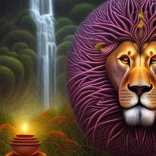 Image similar to an anthromorphic lion meditating in a zen garden with a waterfall under the blood moon, by Adi granov and afarin sajedi and amanda sage and evgeni gordiets and Agostino Arrivabene and adonna khare in a psychedelic portrait style, ultrarealistic matte painting, volumetric lighting, fractal, extremely symmetrical, highly detailed face, orisha, 8k, hd