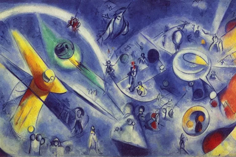 Image similar to a futuristic space port, painting by chagall, trending on artstation