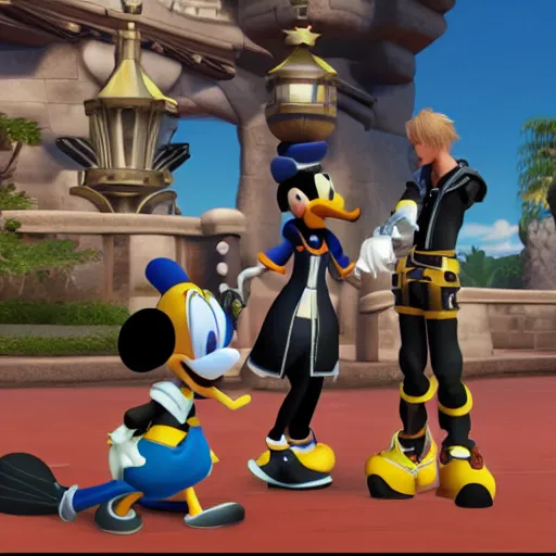 Image similar to screenshot of kingdom hearts 3, Disney and final fantasy crossover, donald duck and goofy npc characters, Kingdom hearts styled gameplay, unreal engine 4, kingdom hearts 3, kingdom hearts, cartoony lighting, disneyworld at kingdom hearts, sharp focus