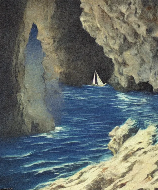 Image similar to photorealistic blue - toned photo of a 1 9 2 5 bay boat sailing near a jamaican cliff with the mouth of a sea cave at the waterline, dark, brooding, atmospheric, lovecraft, horror, smooth, epic, highly detailed, cinematic, by clyde caldwell