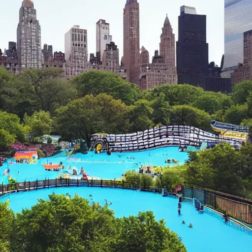 Image similar to photo of a large water park with numerous slides and water rides inside of central park. the new york city skyline is shown in the background.