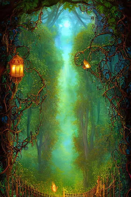 Image similar to a beautiful digital illustration painting of a detailed gothic fantasy fireflies forest trees and iron gate vines by lisa frank, james gurney, 8 k resolution trending on artstation concept art digital illustration