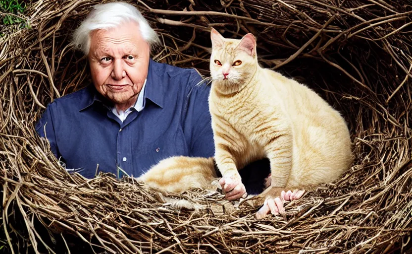 Image similar to david attenborough finds a fat cat in a big nest, shorthair, lots of eggs. national geographic, strange, photorealistic