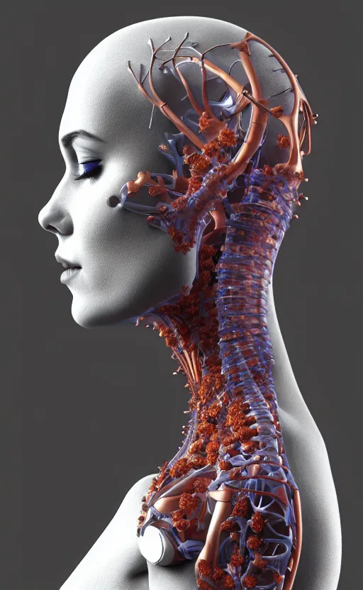 Image similar to 3D render of a beautiful profile face portrait of a female cyborg, 150 mm, flowers, Mandelbrot fractal, anatomical, flesh, facial muscles, wires, microchip, veins, arteries, full frame, elegant, highly detailed, flesh ornate, elegant, high fashion, rim light, octane render in the style of H.R. Giger