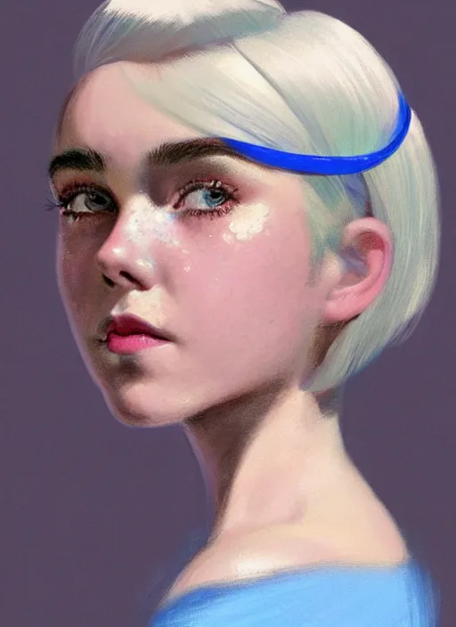 Image similar to portrait of kiernan shipka with freckles, white hair, 1 9 6 0 s bob hairstyle with bangs and hairband, blue 1 9 6 0 s dress, intricate, elegant, glowing lights, highly detailed, digital painting, artstation, concept art, smooth, sharp focus, illustration, art by wlop, mars ravelo and greg rutkowski