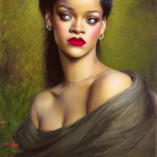 Prompt: a portrait of rihanna by edward robert hughes