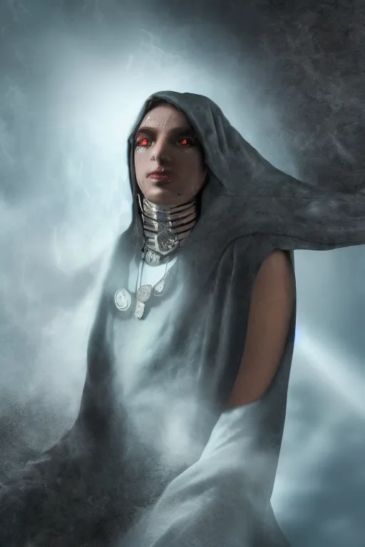 Image similar to magical realism futuristic shaman, cloak, spirit animal, ultradetailed, volumetric lighting, 4k UHD.