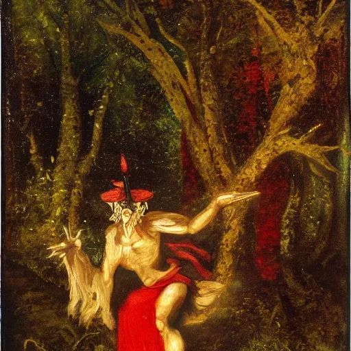 Prompt: Blood mage with capercaillie's head casting a spell in dark, mossy woods. Baroque era oil painting.