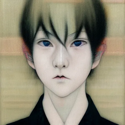 Image similar to yoshitaka amano blurred and dreamy realistic three quarter angle portrait of a young woman with short hair and black eyes wearing office suit with tie, junji ito abstract patterns in the background, satoshi kon anime, noisy film grain effect, highly detailed, renaissance oil painting, weird portrait angle, blurred lost edges