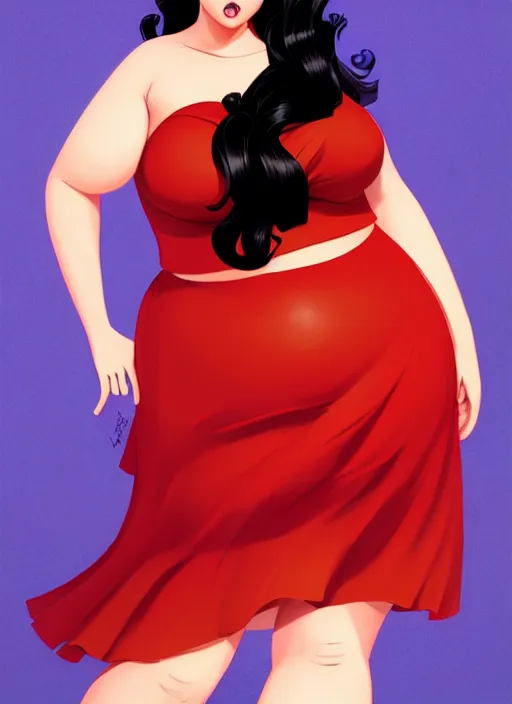 Image similar to full body portrait of teenage veronica lodge, obese, bangs, sultry, realistic, sultry smirk, wavy hair, red skirt, fat, belly, intricate, elegant, glowing lights, highly detailed, digital painting, artstation, concept art, smooth, sharp focus, illustration, art by wlop, mars ravelo and greg rutkowski