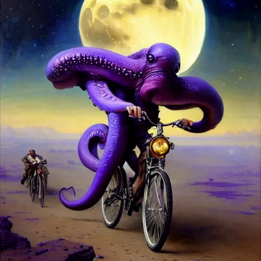 Image similar to a giant purple octopus riding a bicycle on the moon. highly detailed painting by gaston bussiere, greg rutkowski, j c leyendecker 8 k