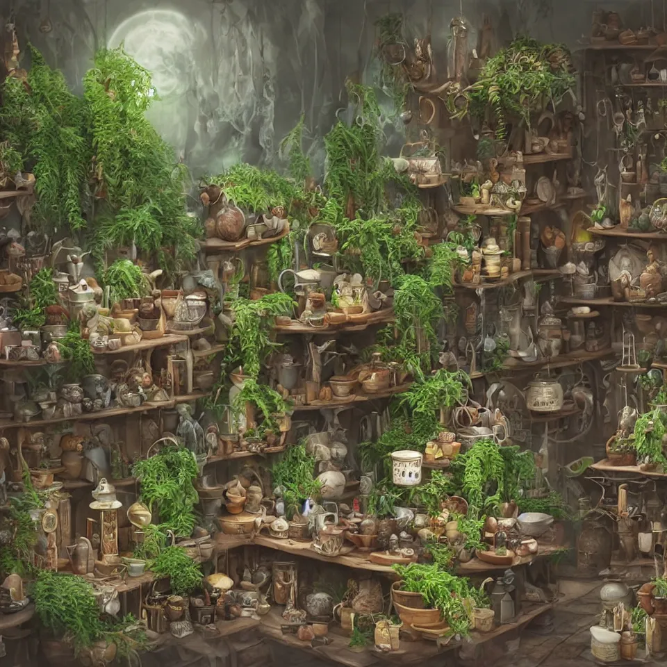 Image similar to small witch shop, counter, cauldrons, potions, visitor!!! in a pointy hat!!, holding an owl, ferns and plants in pots, highly detailed, sharp focus, matte painting, by studio ghibli, by giovani magana,