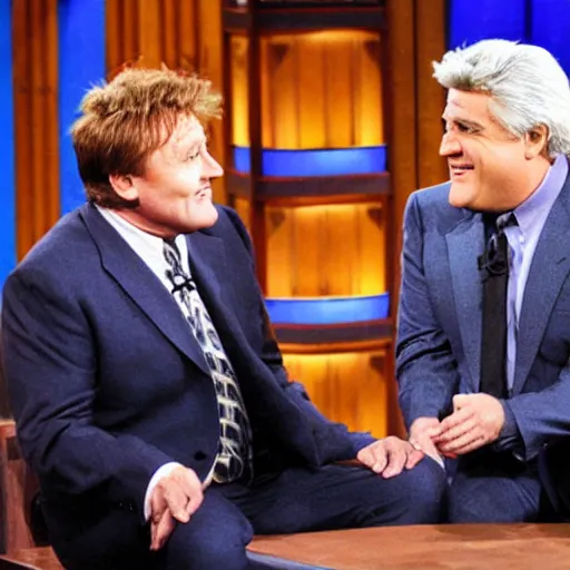 Prompt: Jay Leno as Conan Obrien hosting a late night talk show