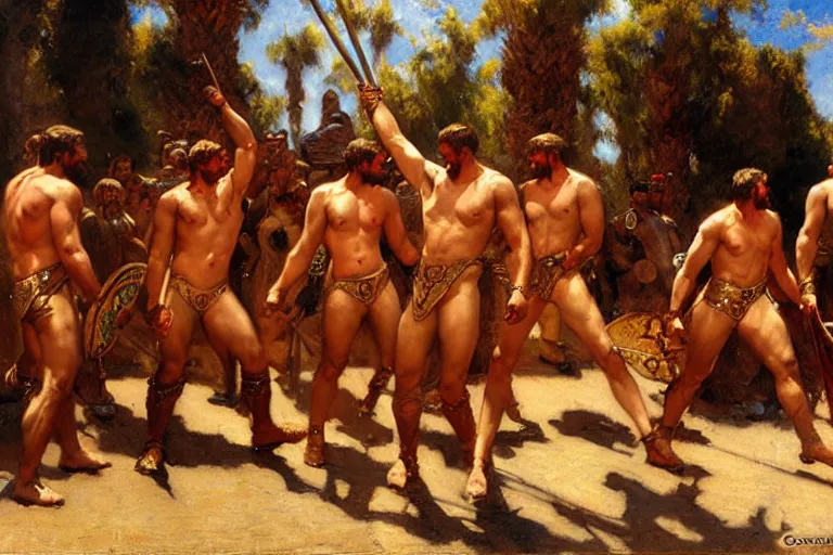 Image similar to male gladiators, painting by gaston bussiere, craig mullins, j. c. leyendecker, tom of finland