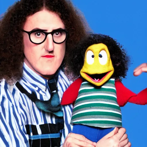 Image similar to weird al with a ventriloquist puppet of barney the dinosaur