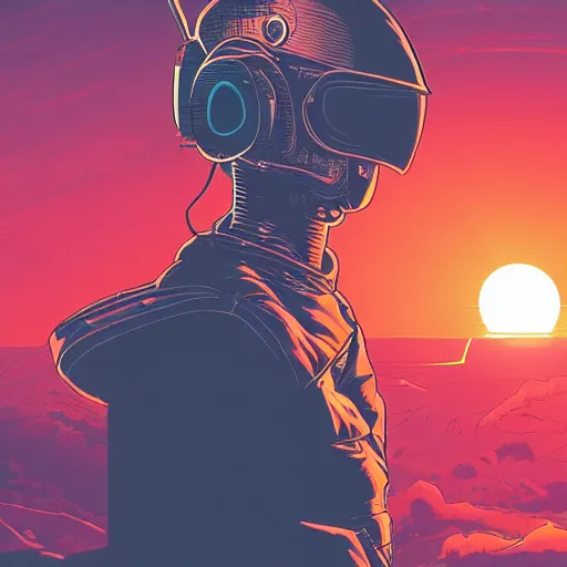 Image similar to in the style of max prentis and deathburger and laurie greasley a close up of a young explorer wearing a cyberpunk headpiece sitting on the head of a giant robot watching the sunset in the distance, highly detailed, 8k wallpaper