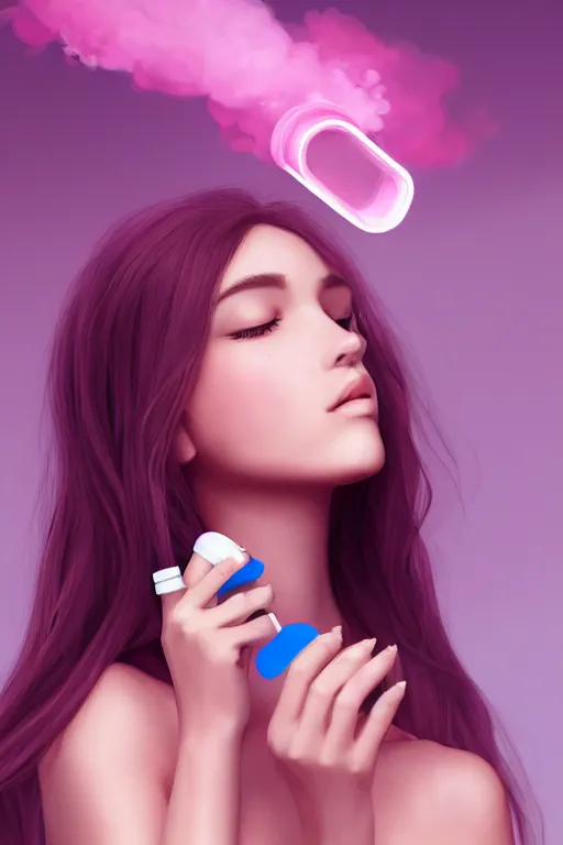 Prompt: Beautiful, Cute Woman Breathing Through a Handheld Pink Vapor Inhaler in her Mouth, side view, fantasy, magic, ultra detailed, digital art, trending on artstation, illustration