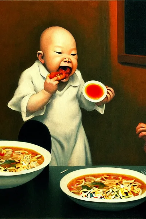 Image similar to evil hungry giant baby eating a huge bowl of ramen in new york city, traditional chinese restaurant, hauntingly surreal, highly detailed painting by francis bacon, edward hopper, adrian ghenie, gerhard richter, and james jean soft light 4 k,