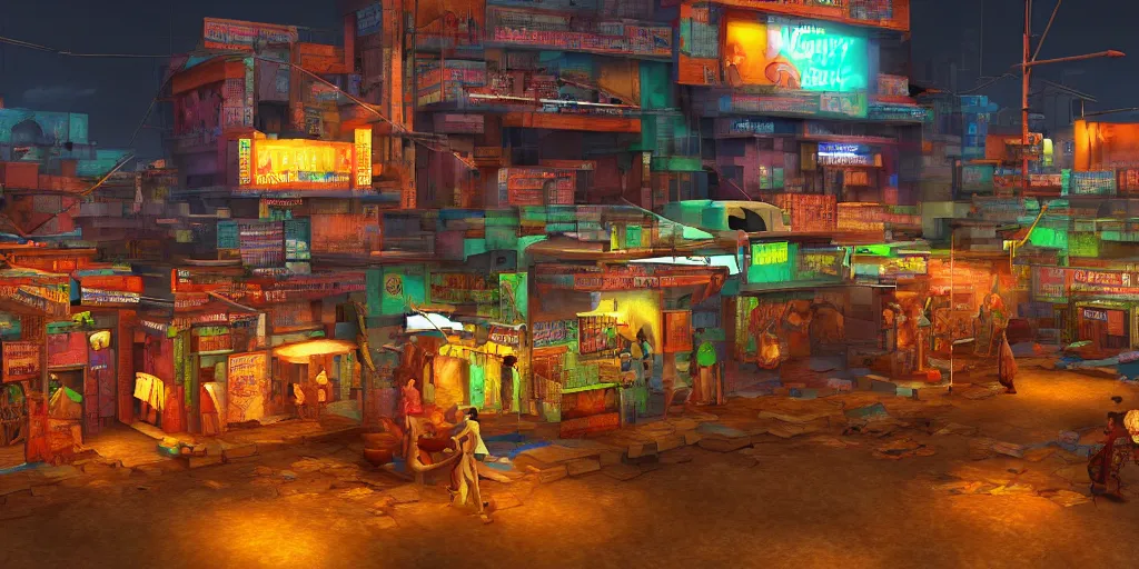 Prompt: futuristic indian slum with hindu kovil slum street with shops with neon sign in night, photorealism, unreal engine, 8 k, volumetric lighting, beeple style