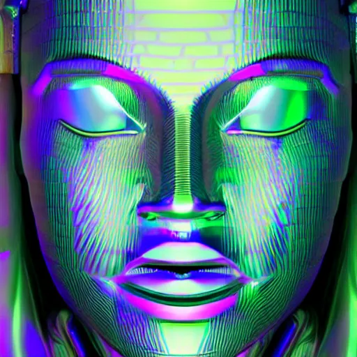 Image similar to 3d render of holographic human robotic head made of glossy iridescent, surrealistic 3d illustration of a human face non-binary, non binary model, 3d model human, cryengine, made of holographic texture, holographic material, holographic rainbow, concept of cyborg and artificial intelligence