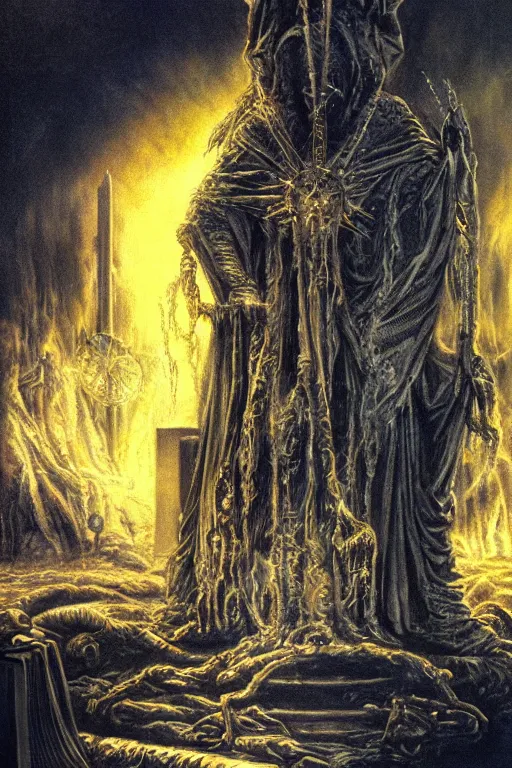 Image similar to Artwork by Don Maitz of the cinematic view of the Cenotaph of Ever-changing Blasphemy.
