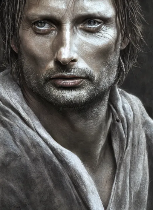 Image similar to Mads Mikkelsen as Aragorn by Alan Lee, golden hour, concept art, detailed clothing, art station, oil painting