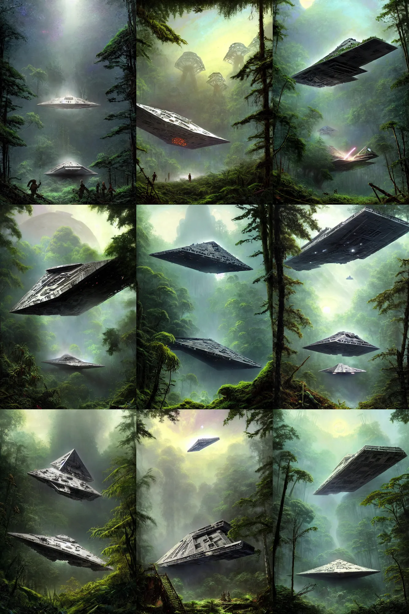 Prompt: a giant abandoned star destroyer has fallen on the jungle moon endor, large pieces of destroyed metal overgrown with moss and plants, a group of very cute ewok children playing in the ruins, light from above, art by thomas kinkade and james jean and craig mullins, trending on artstation, misty and foggy, playful and cheerful