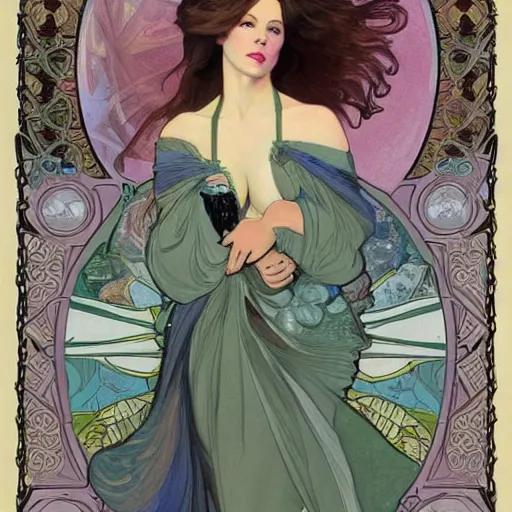 Prompt: Kate Beckinsale in style of Alfons Mucha, stylized