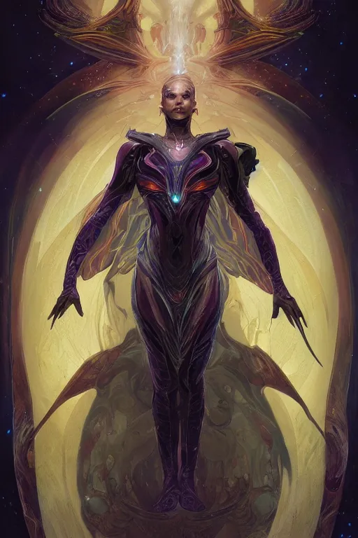 Prompt: portrait of a demonic galactic conqueror with inhuman body, galactic storms, nexus of the universe, godlike, full body, fantasy, intricate, elegant, highly detailed, digital painting, artstation, concept art, sharp focus, illustration, art by artgerm and greg rutkowski and alphonse mucha and ross tran