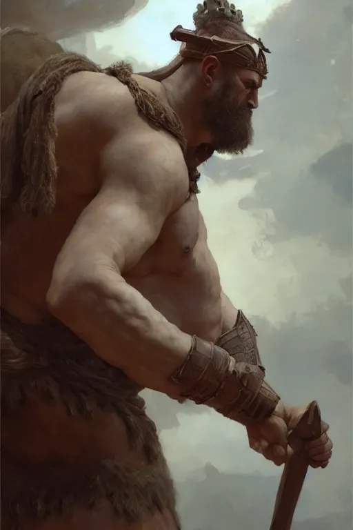 Image similar to ancient historically accurate depiction of the Bible Character Goliath of Gath, the Philistine warrior giant by frank miller, illustration by Ruan Jia and Mandy Jurgens and William-Adolphe Bouguereau, Artgerm, 4k, digital art, surreal, space dandy style, highly detailed, godsend, artstation, digital painting, concept art, smooth, sharp focus, illustration by Ruan Jia and Mandy Jurgens and William-Adolphe Bouguereau, Artgerm