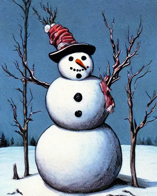 Prompt: snowman made of meat, art by beksinksy, bernie wrightson