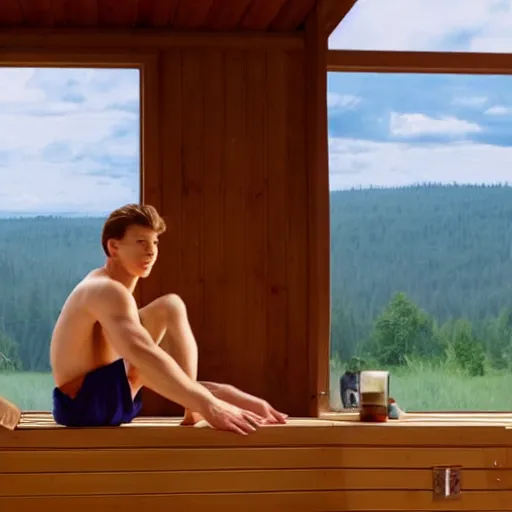 Image similar to Tom Holland, sitting in a sauna. Canadian landscape can be seen through the window. Movie still frame. 4K UHD.