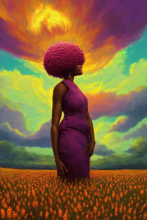 Prompt: closeup, massive flower as head, african woman in heather field, surreal photography, golden hour, colorful clouds, impressionist painting, digital painting, artstation, simon stalenhag
