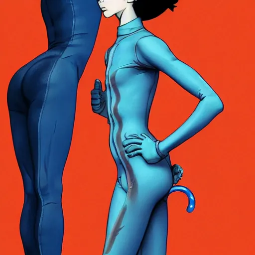 Image similar to thin androgynous girl with boy's body in catsuit. illustration by james jean and satoshi kon and erik jones, inspired by evangelion, smooth feature, intricate oil painting, high detail illustration, sharp high detail