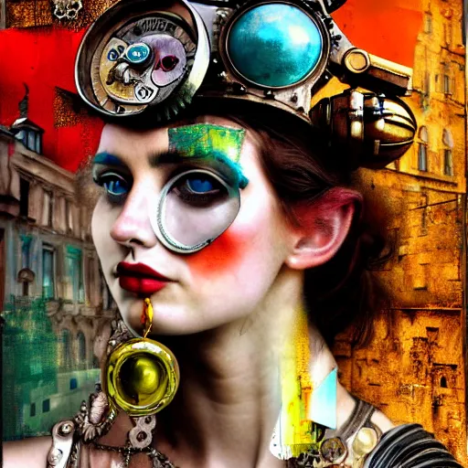 Prompt: steam punk roman pasquino, contemporary collage, highly detailed, digital painting, 4 k, hdr, punk, fashion, smooth, sharp focus, art by nick knight, sandra chevrier and john hoyland