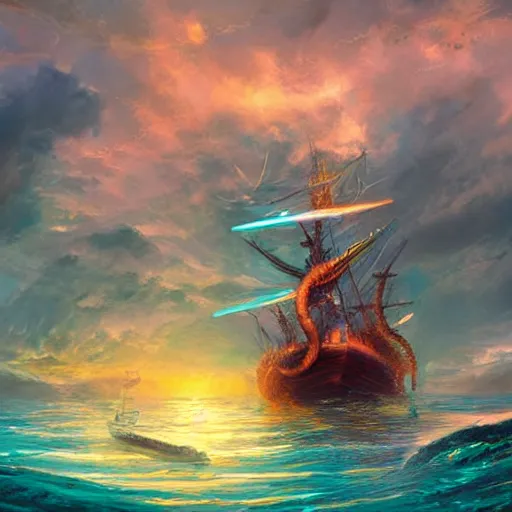 Image similar to mystical ship with kraken pulling it underwater, beautiful composition, wide angle, colorful, cinematic, volumetric lighting, intricate details painting