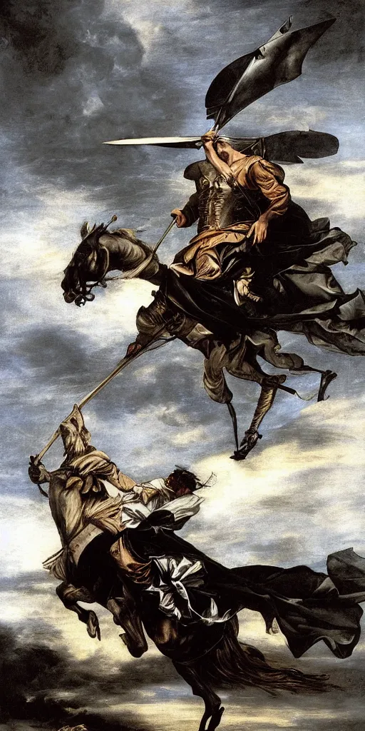 Image similar to don quixote fighting with an anthropomorphic windmill of lamancha during a stormcloud with dramatic airbrushed clouds over black background by Luis royo and Caravaggio, realistic