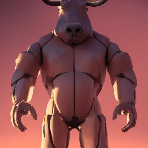 Prompt: a tall bull android, 3 d, depth of field, octane render, symmetrical, hyper realism, highly detailed, digital art, artstation, concept art, cinematic lighting, trending