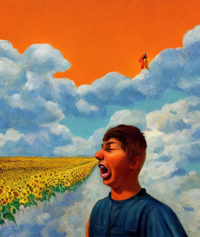 Image similar to a closeup portrait of a man in an orange prisoner overall, standing in beautiful sunflower field, screaming and sad, highly detailed, aesthetic clouds in the sky, in the style of edward hopper, very fine brush strokes, 4 k,