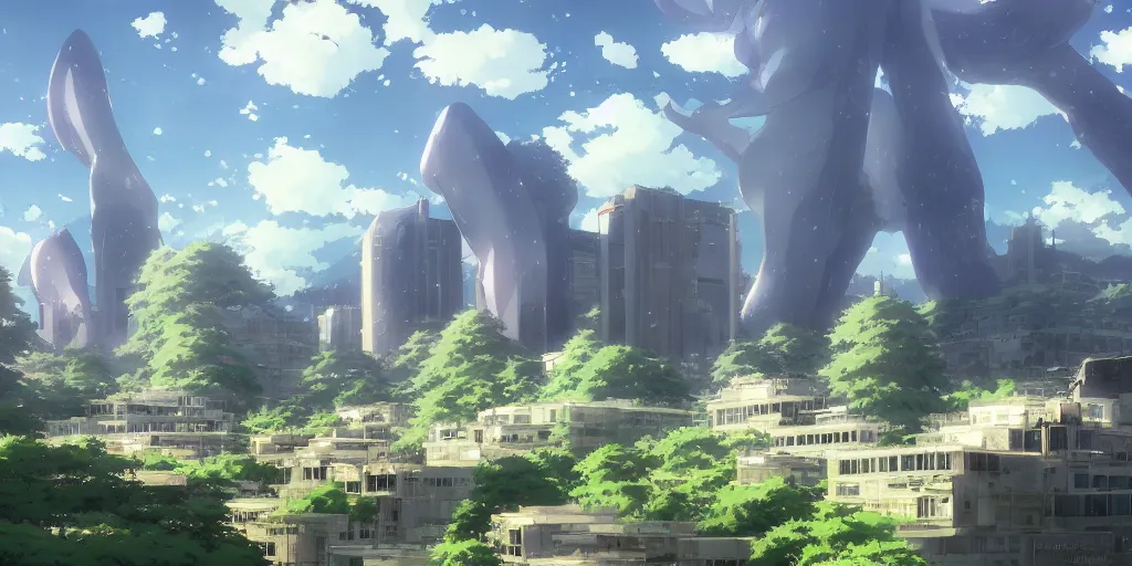 Image similar to realistic building, monster, wide landscape, eva, war, art by makoto shinkai