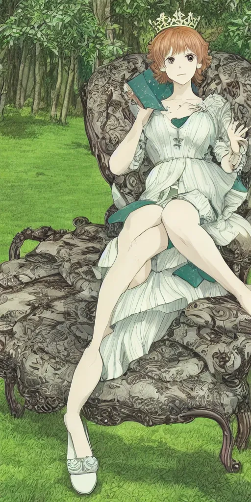 Image similar to landscape shot of a highly detailed queen sitting by herself on a sofa in a forest, drawn by CloverWorks, elegant, beauty,