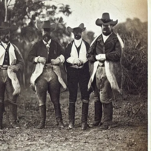 Image similar to kangaroo and wallabies wearing cowboy costumes, small town, 1 8 6 0 s, photo